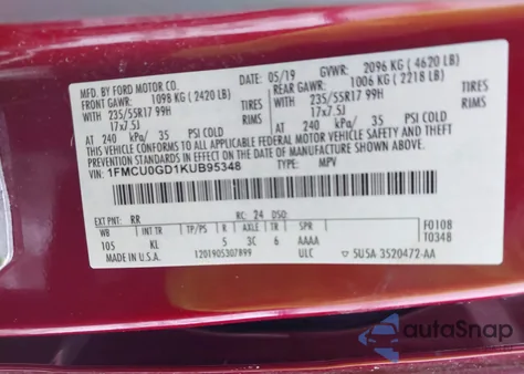 2019 Ford Escape Se z USA, uszkodzony, nr VIN 1FMCU0GD1KUB95348